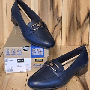 CLARKS Juliet Echo Women's 8.5 W Wide 39.5 Navy Blue Comfort Flats Loafers NIB